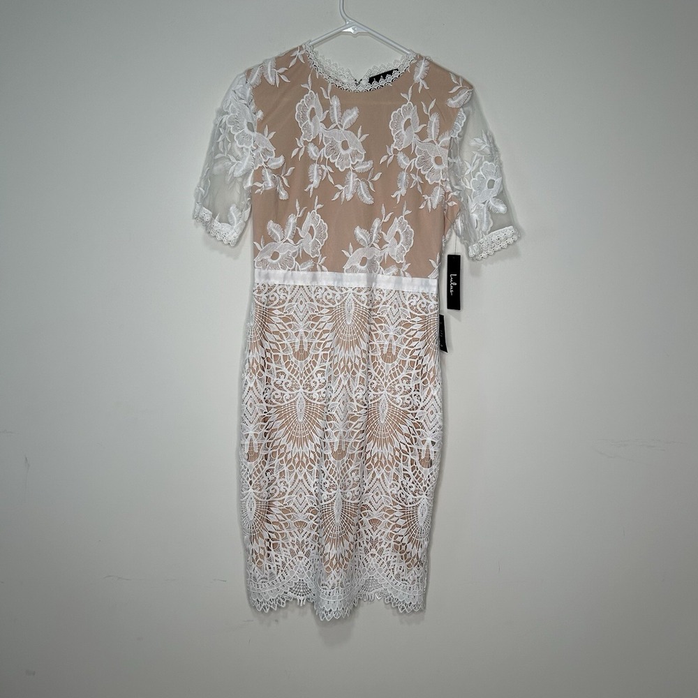 Lulus One Love Dress Large White Lace Nude Crochet Fitted Midi Bodycon Wedding - Picture 1 of 8